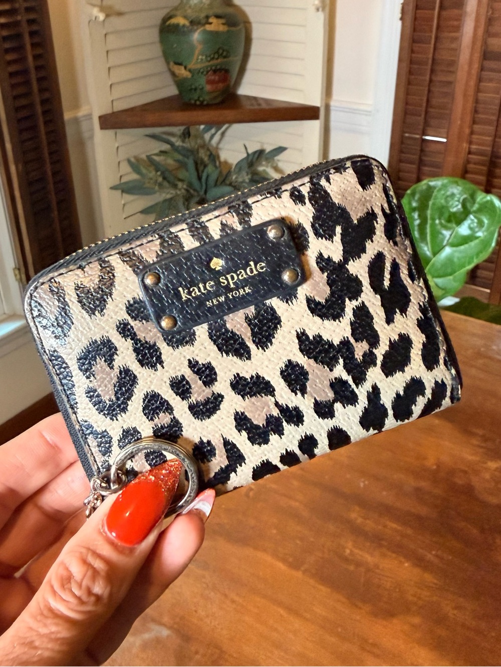 Kate Spade New York Leopard Print Zip Around Wallet Card Case Key Ring